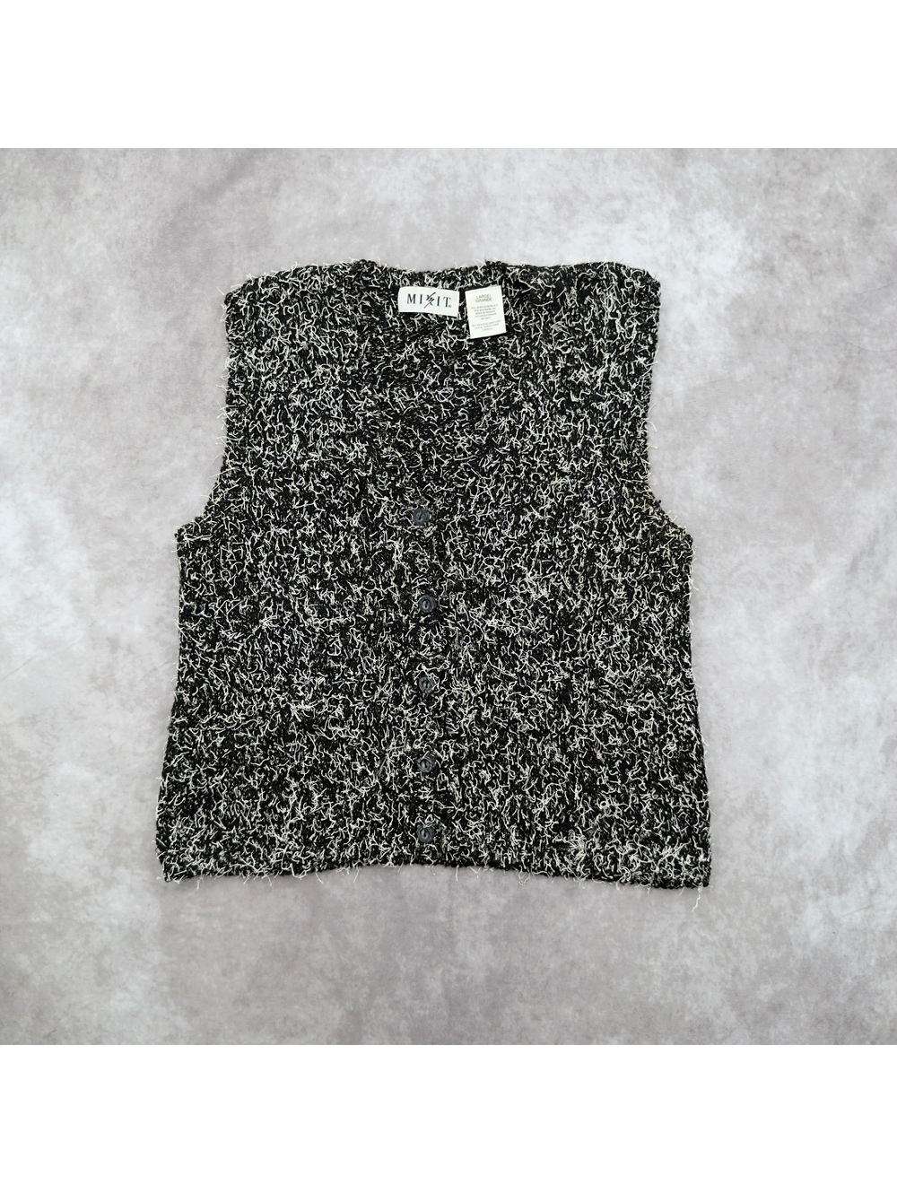 Vintage Mixit Black White Fuzzy Eyelash Knit Sweater Vest Size L